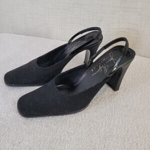 Joan Helpern Signature Italy Black Velvet Shoes Pumps Block Heels Womens 6.5